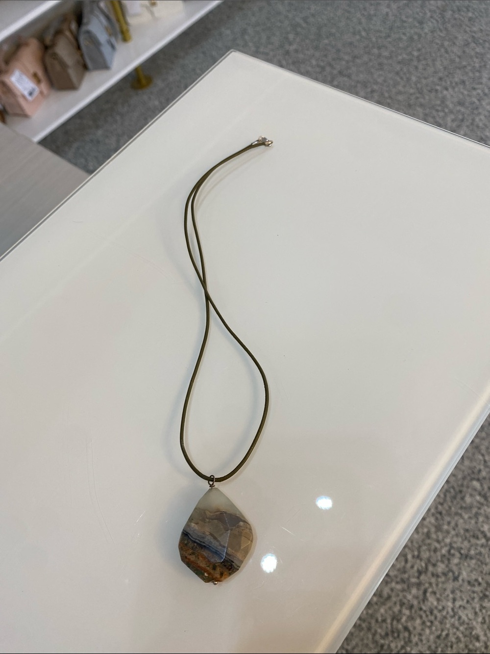 Natural Stone Pendant Necklace Sterling Silver and Leather